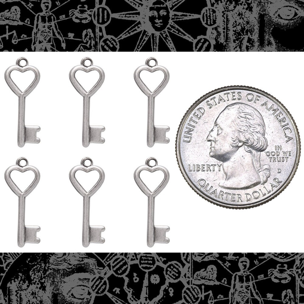 Antiqued Silver Plated Brass Heart Key Charms - Set of Six - XXX - S-C200